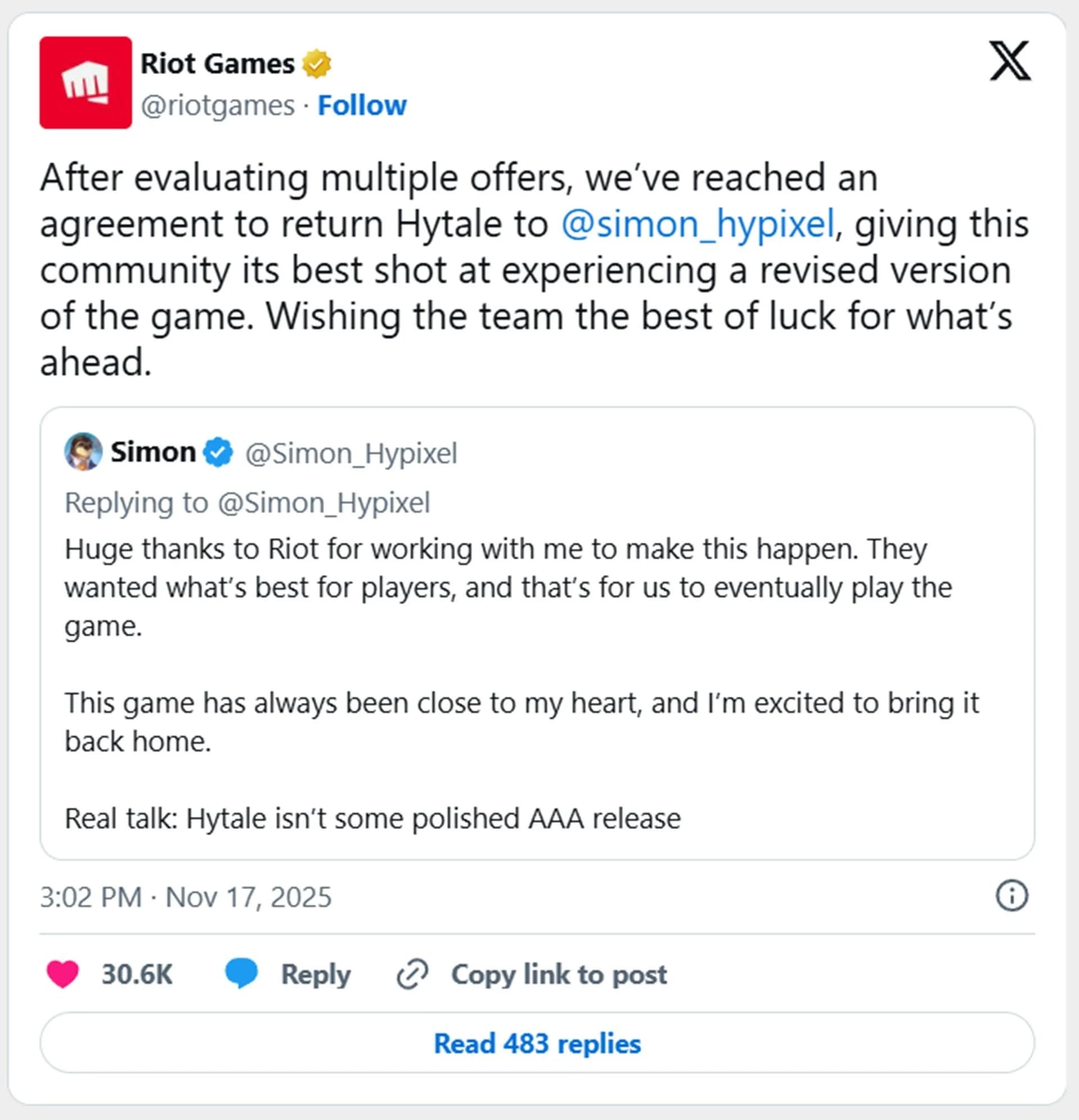 Riot Vende Hytale para Criador Original e Retoma Desenvolvimento